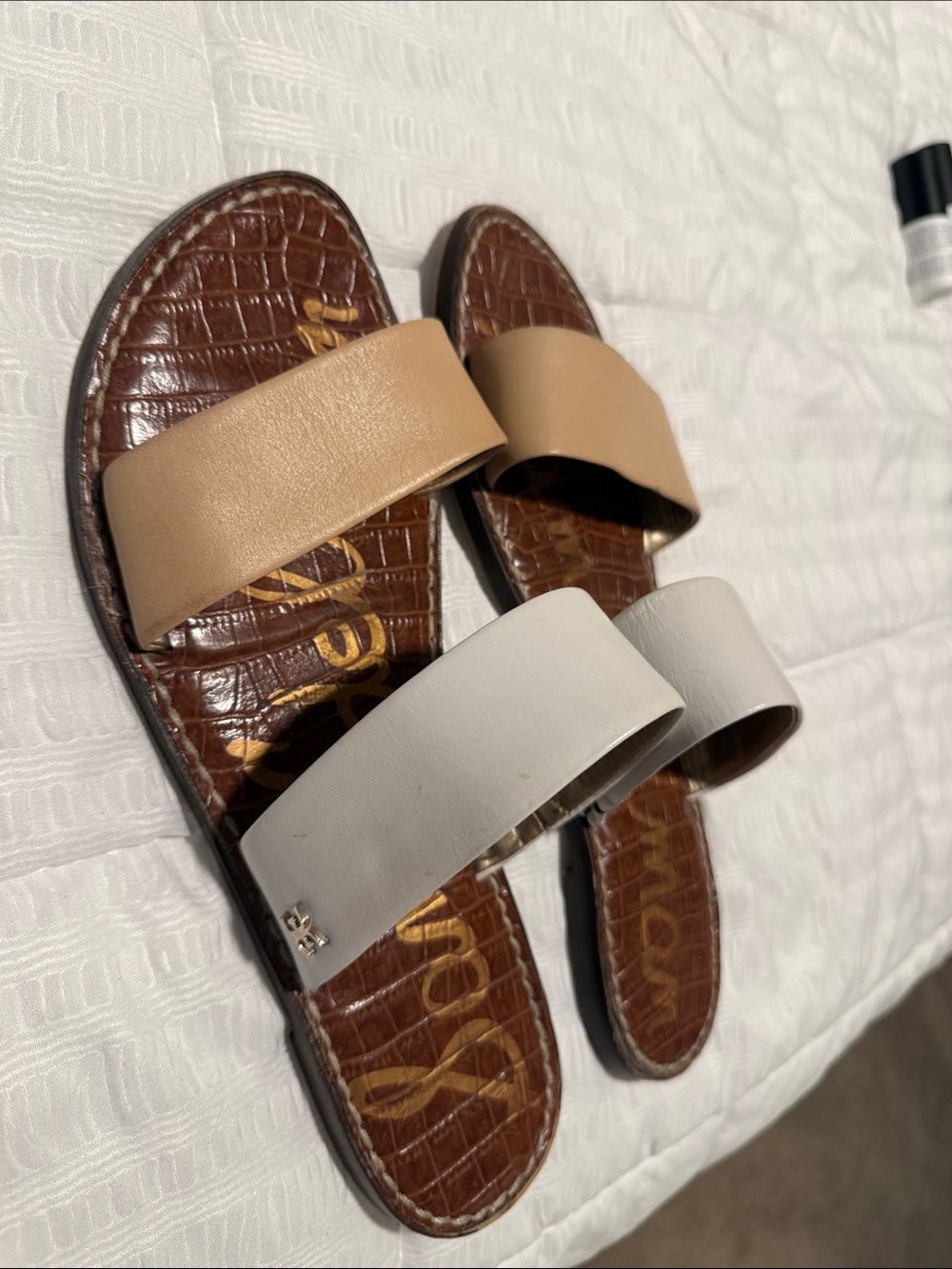 Sam Edelman Two-Band Slide Sandals in Tan, White and Brown Footbed - Picture 3 of 6